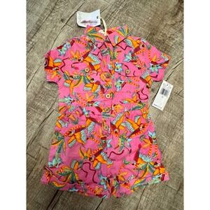 Jessica Simpson Girls 2T‎ Shocking Pink Tropical Parrot Linen Blend Romper NWT